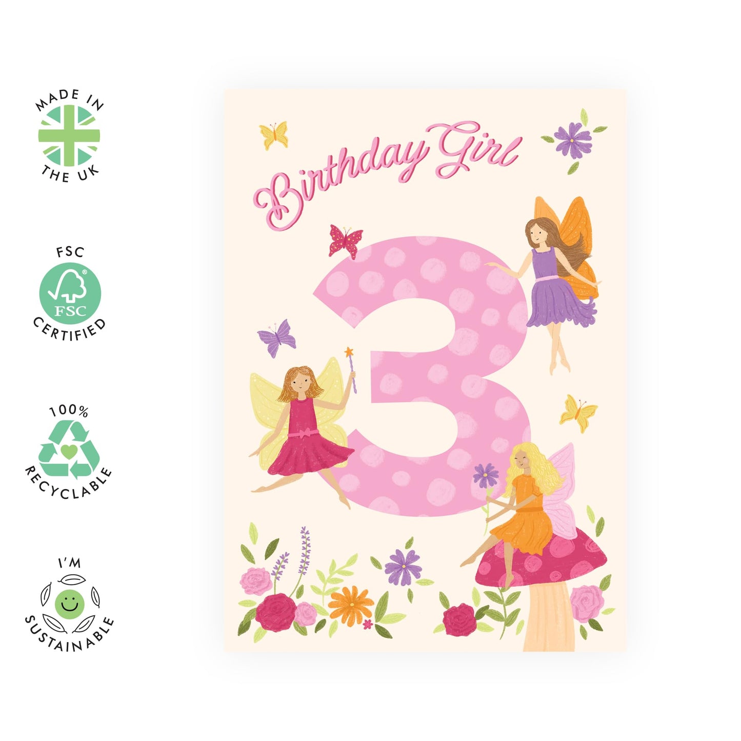3rd Birthday Cards for Girls – Fairy Themed – Cute Gifts for Daughter, Niece, Granddaughter, Her, Children, Toddler, Neighbour, Cousin - 3 Year Old Princess - Comes with Fun Stickers