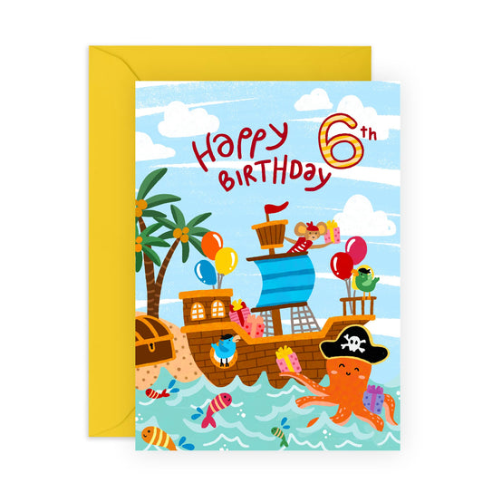Boys Birthday Card For 6th Birthday - Pirates Ship Treasure - Happy Sixth Birthday Card - Kids Greeting Card For 6 Year Old - Gifts For Son Grandson Brother - Comes With Stickers - By Central 23
