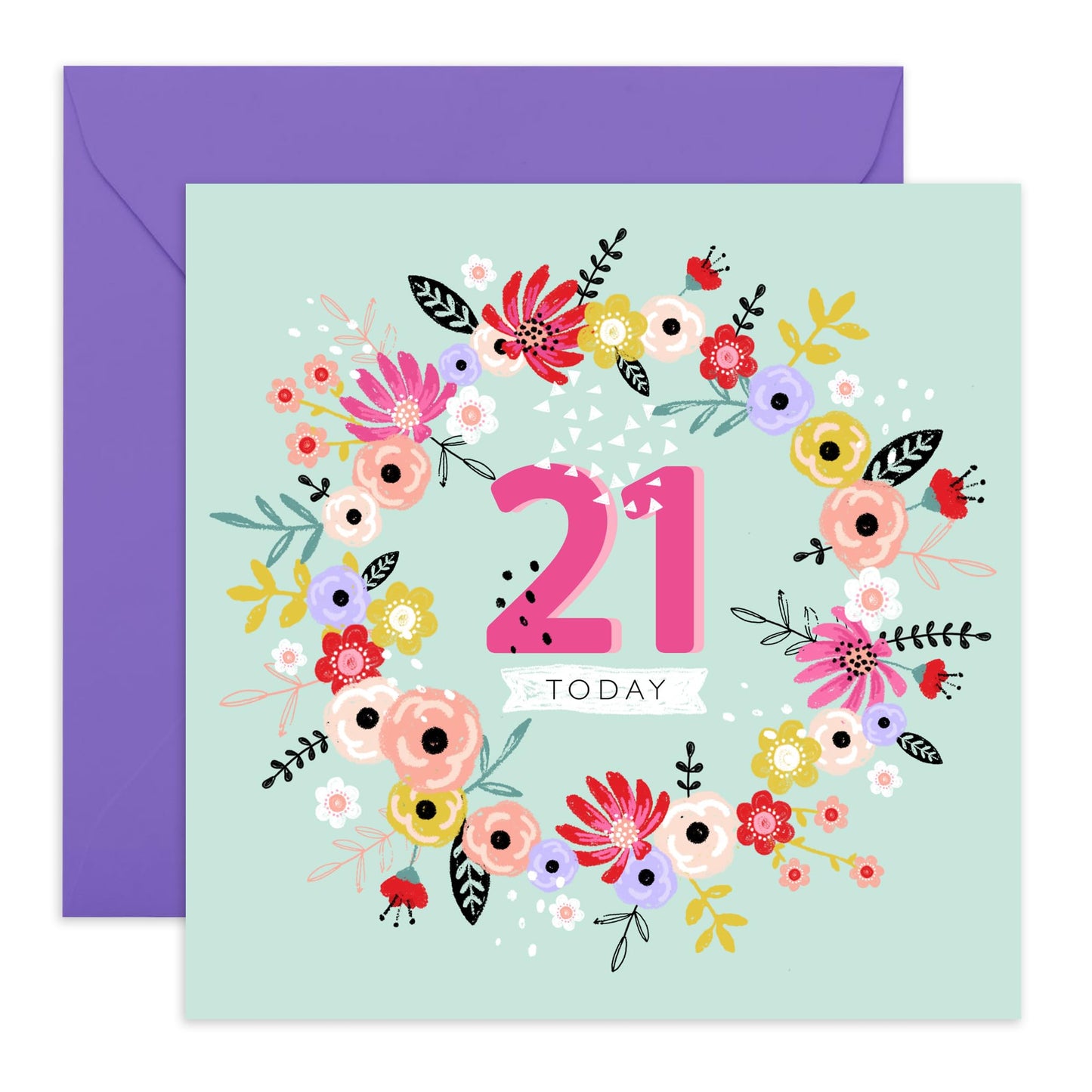 21st Birthday Card For Her - 21st Floral Wreath - Floral Birthday Card - Women Sister - Happy Twenty-first Birthday Card - Daughter Niece - Friend - Comes With Fun Stickers By Central 23
