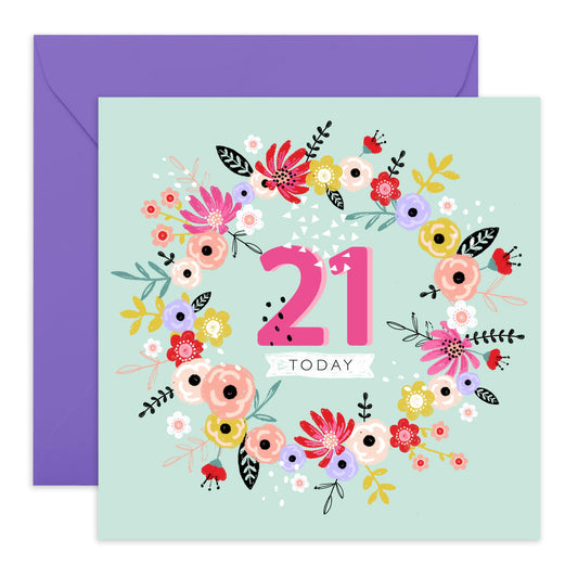 21st Birthday Card For Her - 21st Floral Wreath - Floral Birthday Card - Women Sister - Happy Twenty-first Birthday Card - Daughter Niece - Friend - Comes With Fun Stickers By Central 23
