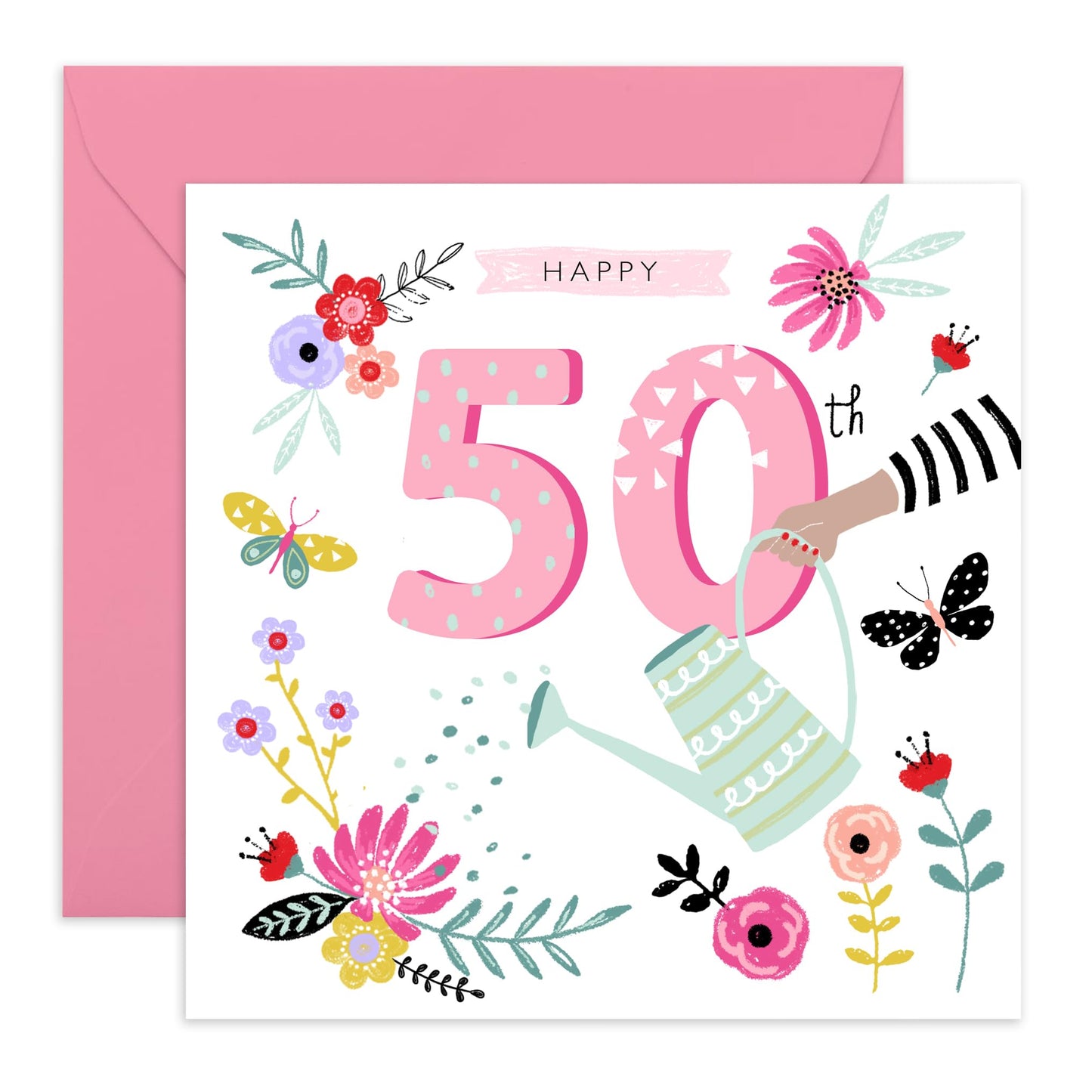 50th Floral Birthday Card For Her - 50th Watering Can - Mummy Birthday Card - Wife Mum - Happy Fiftieth Birthday Greeting Card Female Friends - Gift For Women - Comes With Fun Stickers By Central 23