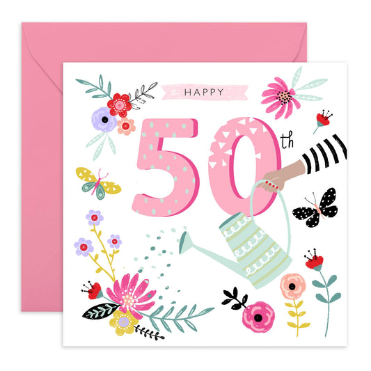50th Floral Birthday Card For Her - 50th Watering Can - Mummy Birthday Card - Wife Mum - Happy Fiftieth Birthday Greeting Card Female Friends - Gift For Women - Comes With Fun Stickers By Central 23