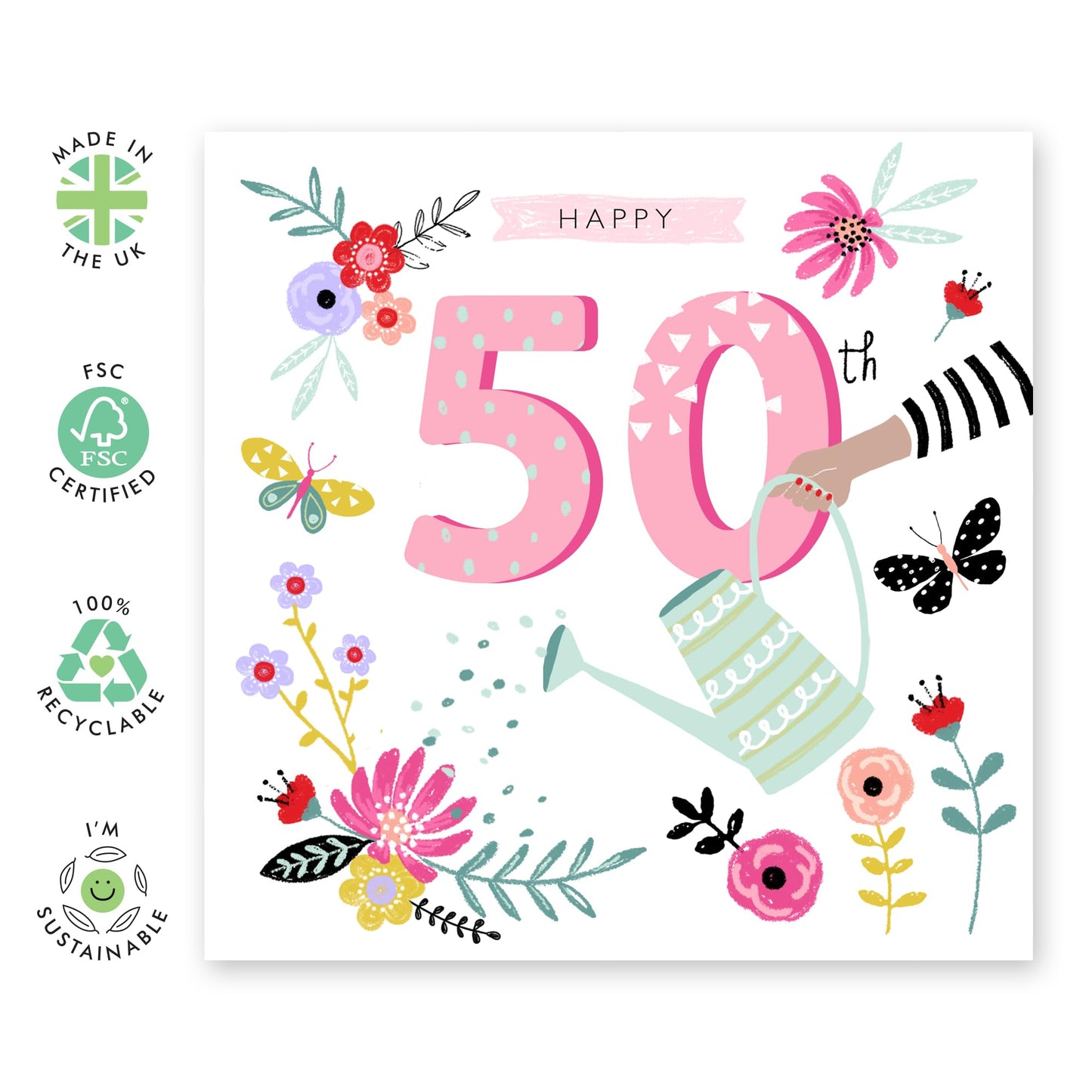50th Floral Birthday Card For Her - 50th Watering Can - Mummy Birthday Card - Wife Mum - Happy Fiftieth Birthday Greeting Card Female Friends - Gift For Women - Comes With Fun Stickers By Central 23