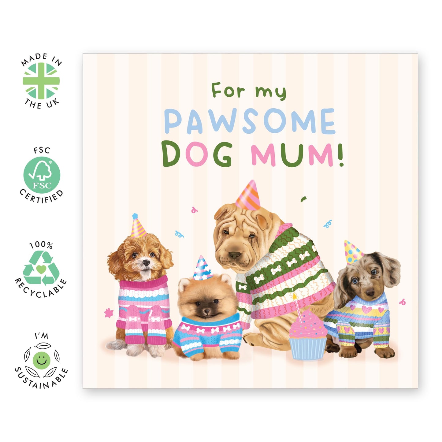 Adorable Dogs Birthday Card - 'Pawesome Mum' - Gifts for Fur Mums, Best Friend, BFF, Colleagues, Co-worker, Animal, Pet Lover - Bday Hats - Comes with Fun Stickers