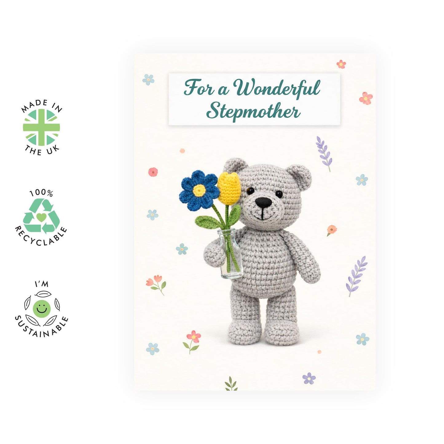 Cute Mother’s Day Card – Stepmother Cute Crochet Teddy With Flowers - Greetings for Stepmum Mum Mama Her Ladies Women From Son Daughter Family – Comes with Adorable Stickers