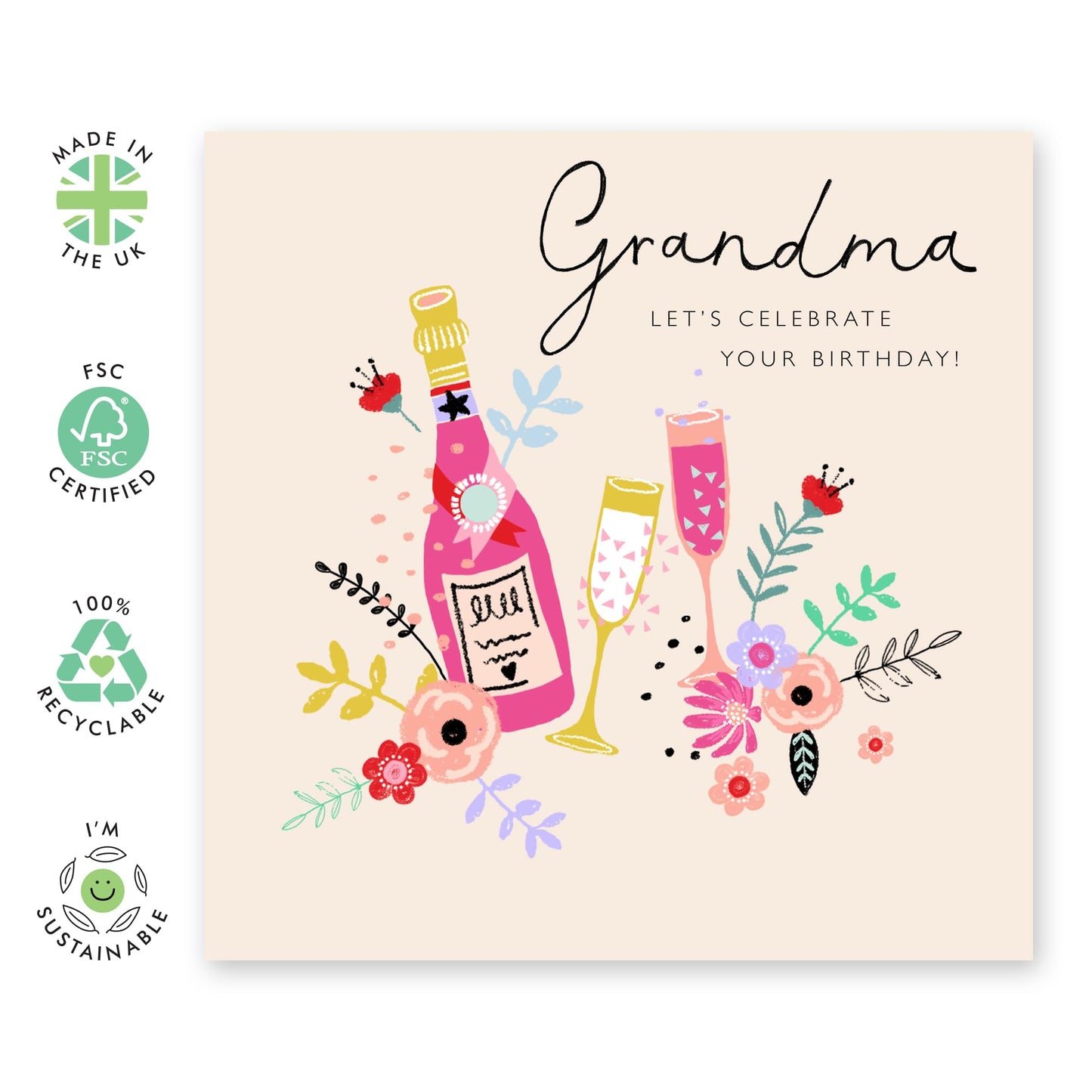 Grandma Birthday Card - Champagne Celebration Flowers - Fabulous Greeting Cards For Grandmother - Nana Birthday Card For Her - Grandma Gifts For Women - Comes With Stickers By Central 23