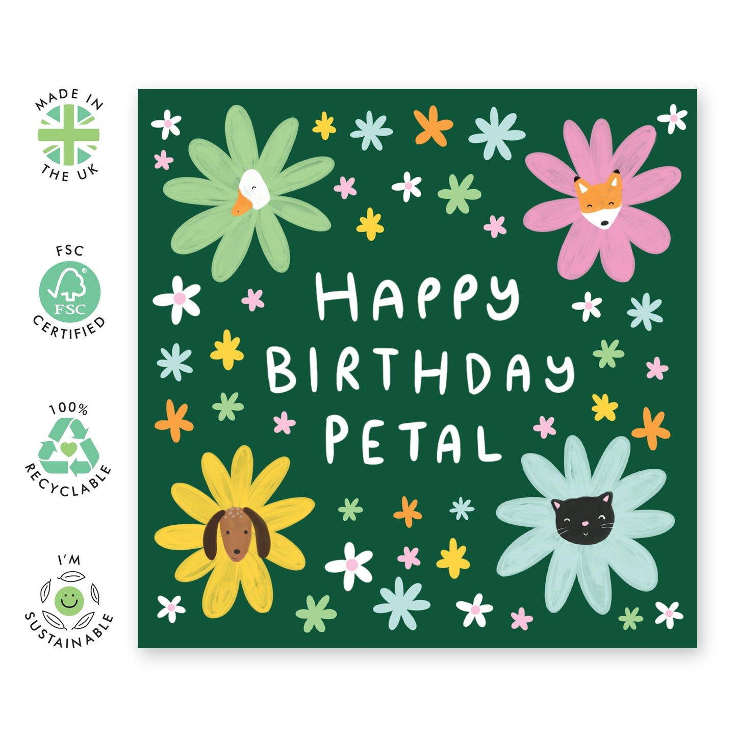 Cute Greeting Cards For Girls Boys - Happy Birthday Petals - Cats Dogs Fix Duck Flowers - Floral Birthday Card For Him Her - Comes With Fun Stickers By Central 23