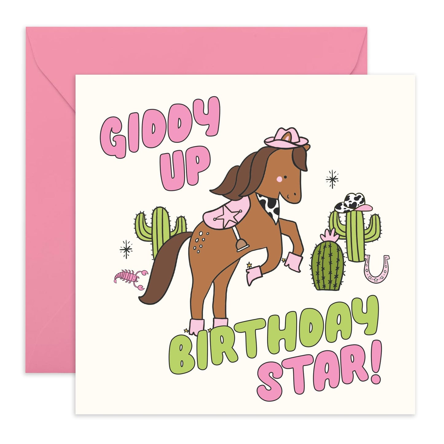 Giddy Up Birthday Card - Fun Birthday Greeting for Him, Her, Kids, Friends, and Loved Ones- Cute Horse & Western Cactus Design – Comes with Fun Stickers