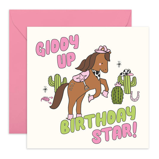 Giddy Up Birthday Card - Fun Birthday Greeting for Him, Her, Kids, Friends, and Loved Ones- Cute Horse & Western Cactus Design – Comes with Fun Stickers