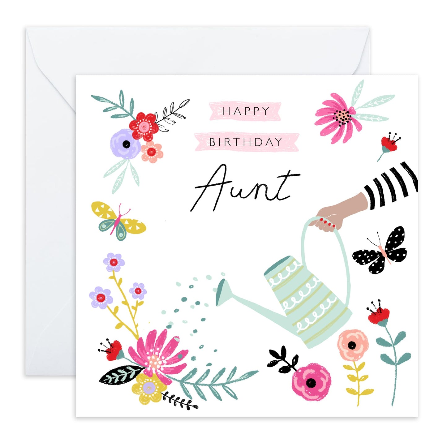 Birthday Card For Aunt - Aunt Flowers + Watering Can - Happy Birthday Aunty Greeting Card - Gift From Niece Nephew - Heartfelt Gifts Women Tia - Comes With Fun Stickers - By Central 23