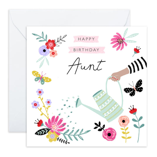 Birthday Card For Aunt - Aunt Flowers + Watering Can - Happy Birthday Aunty Greeting Card - Gift From Niece Nephew - Heartfelt Gifts Women Tia - Comes With Fun Stickers - By Central 23
