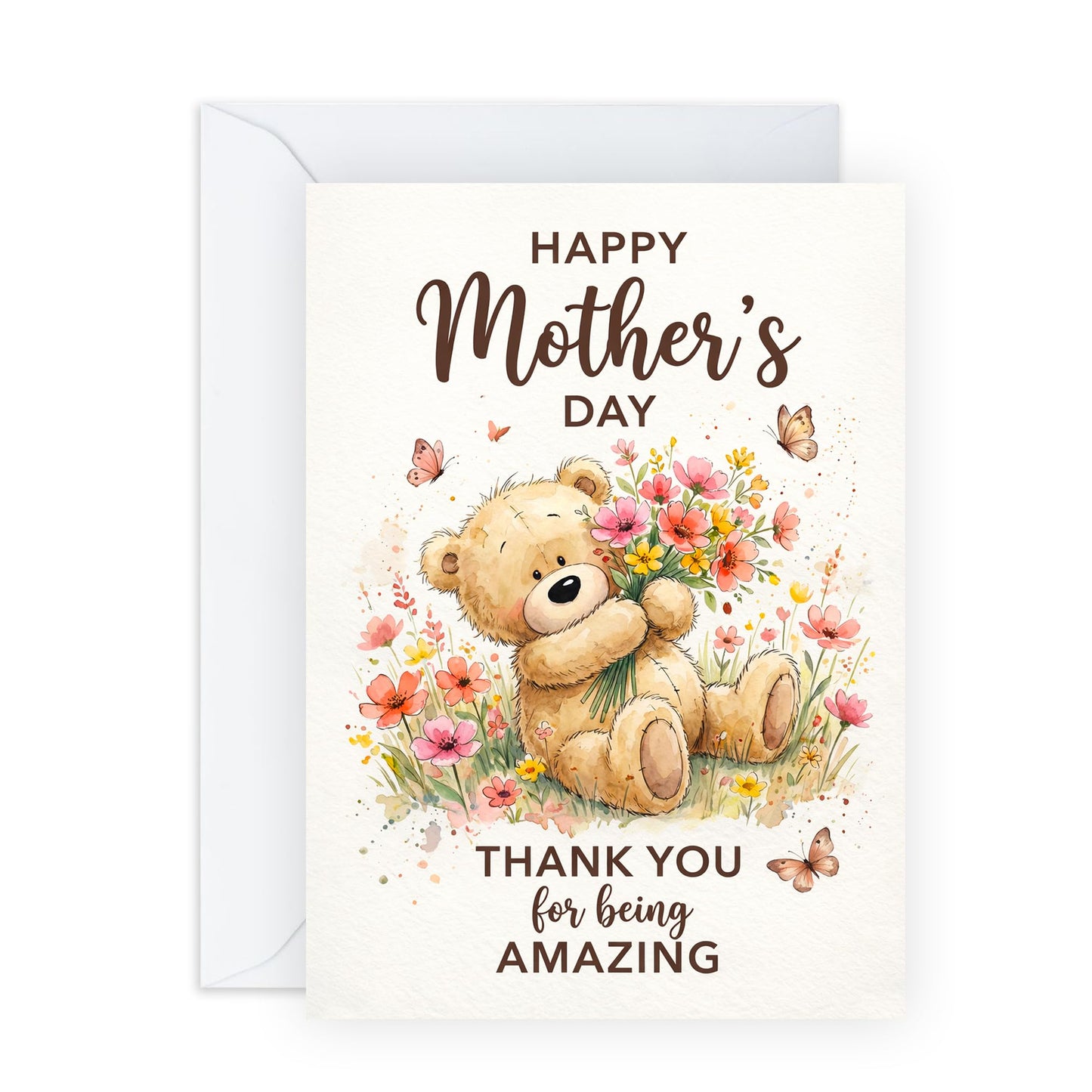 Teddy Bear Mother’s Day Card – Thank You and Appreciation Greeting for Mama Mum Mummy Her Wife Women From Son Daughter Family –Cute Floral Keepsake Greeting -Comes with Stickers