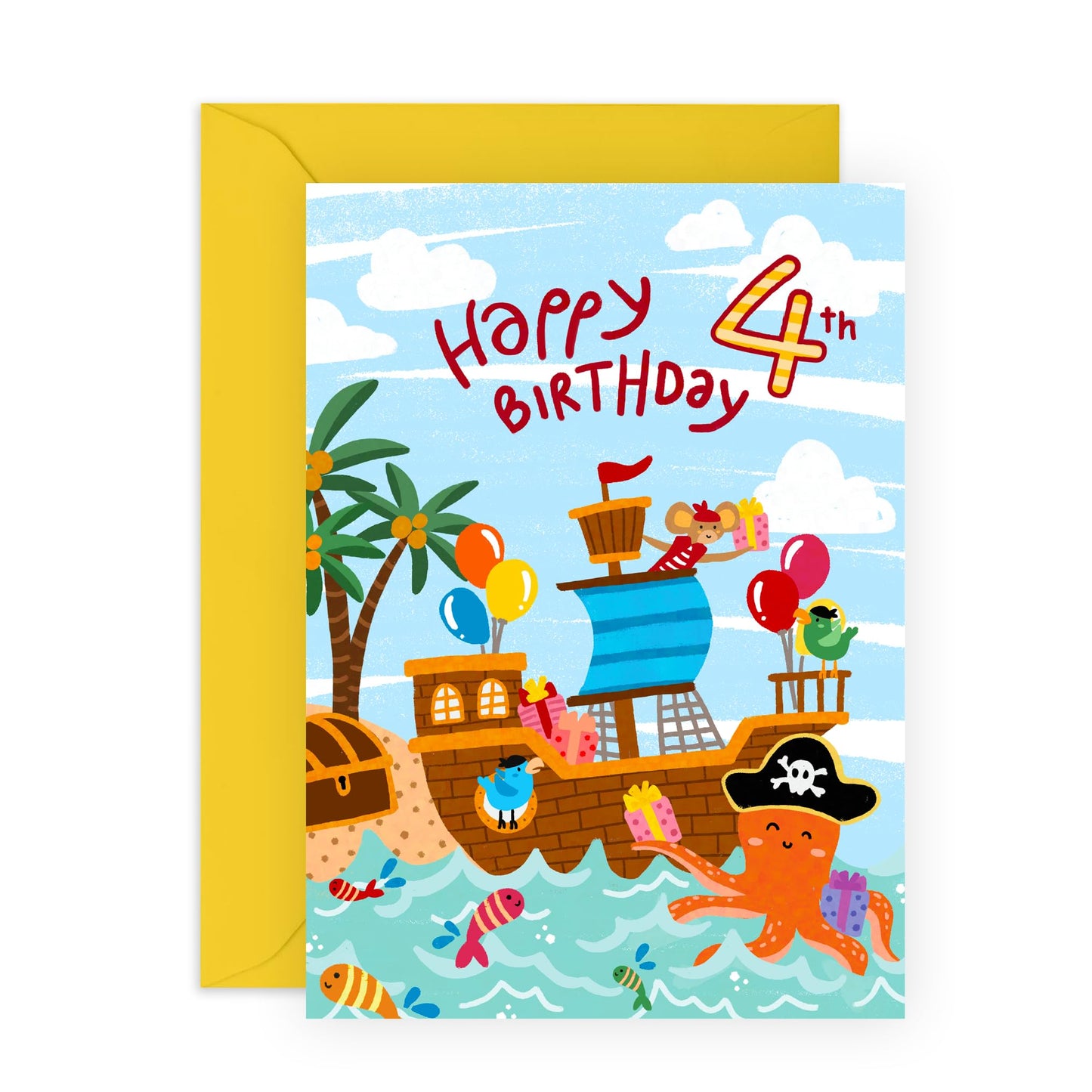4th Birthday Card Boy - Pirates Ship Treasure - Happy Fourth Birthday - 4 Year Old - Gift For Son Grandson Brother Age Four - Comes With Stickers - By Central 23