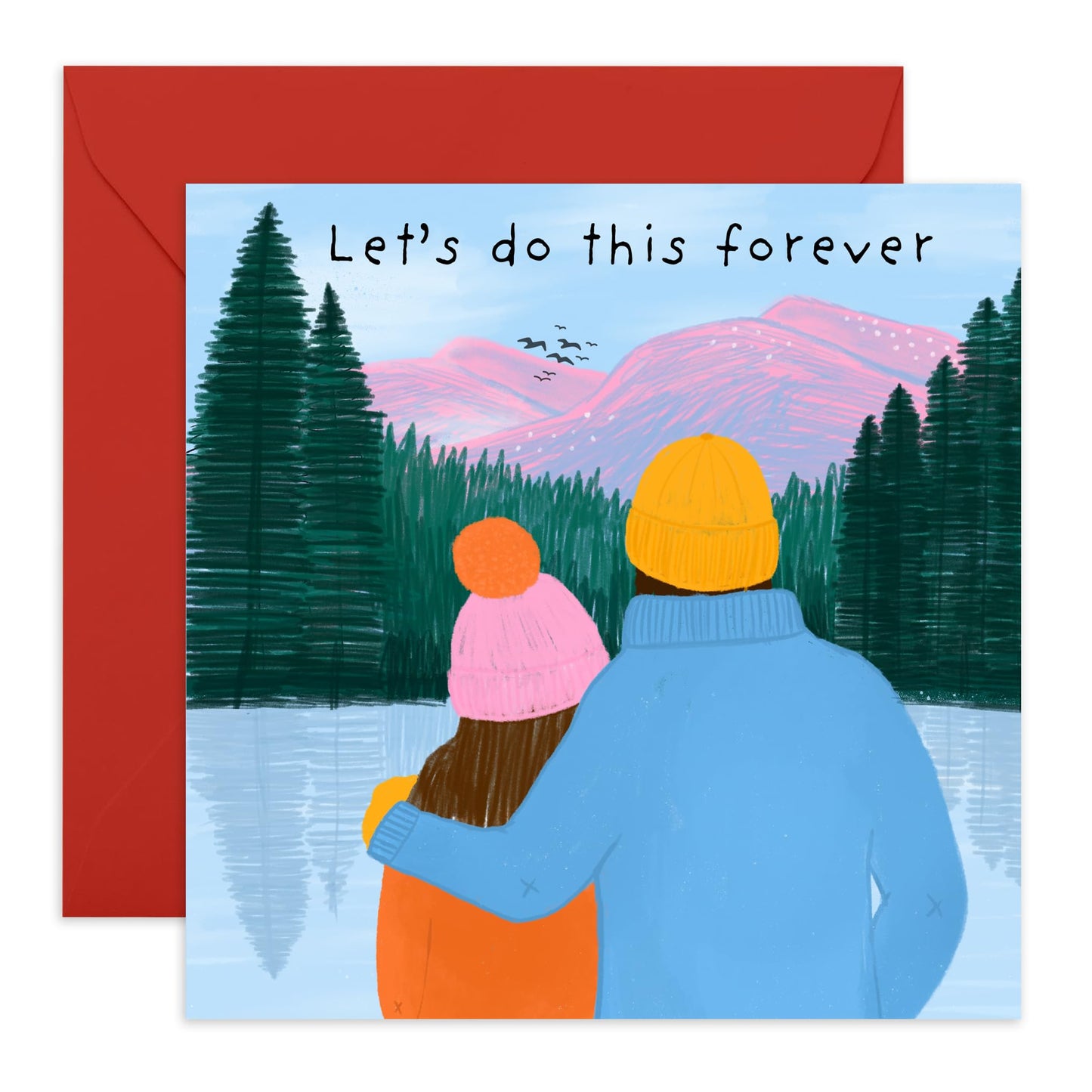 Love and Anniversary Card for Hikers- 'Mountain Love'- Gifts for Wife, Husband, Girlfriend, Boyfriend, Him, Partner, Love, Babe, Sweetheart, Campers, Adventurers - View - Comes with Fun Stickers
