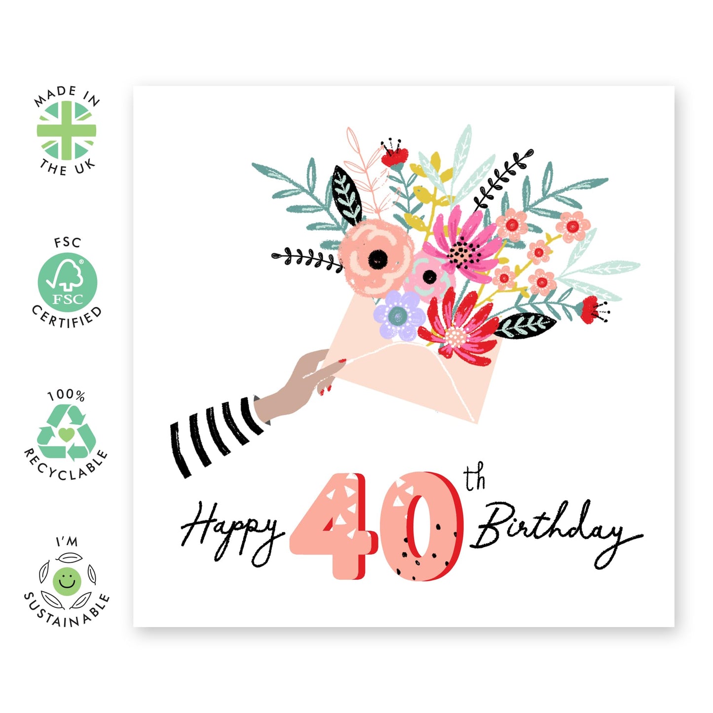 40th Birthday Card For Wife - Happy 40th Floral Envelope - Floral Birthday Card For Mum - Sister - Bday - Happy Fortieth Birthday Greeting Card Female Friends - Comes With Stickers By Central 23