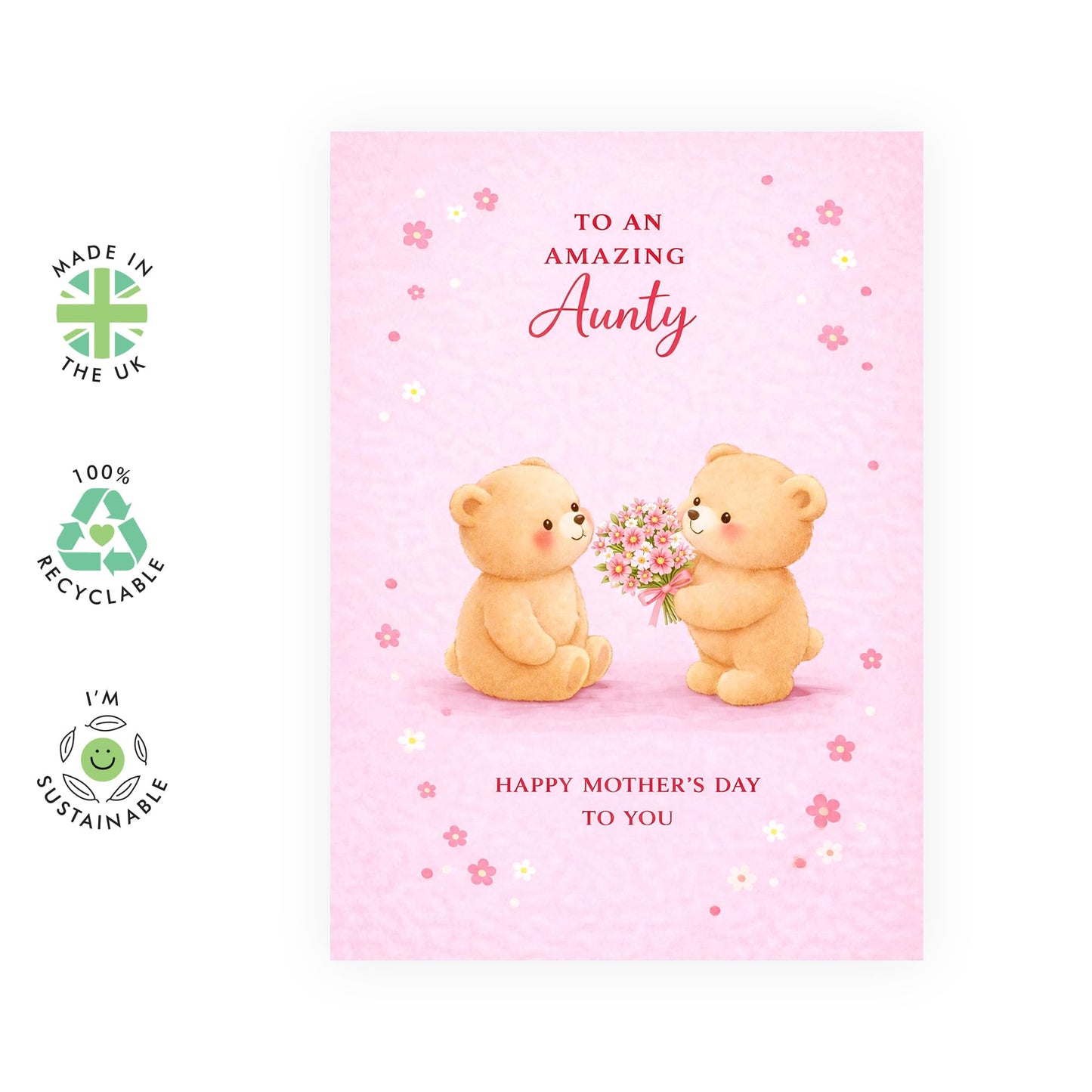 Aunty Mother’s Day Card – Cute Floral Pink Teddy Bears - Greetings for Her Ladies Women Family from Niece Girls Family - Sweet Illustrated Auntie Cards - Comes with Sweet Stickers