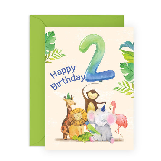 2nd Birthday Card For Boys - Milestone Baby Cards Age Two - Jungle Animals - Kids Birthday Card Second Bday - Comes With Fun Stickers - Made In The UK By Central 23