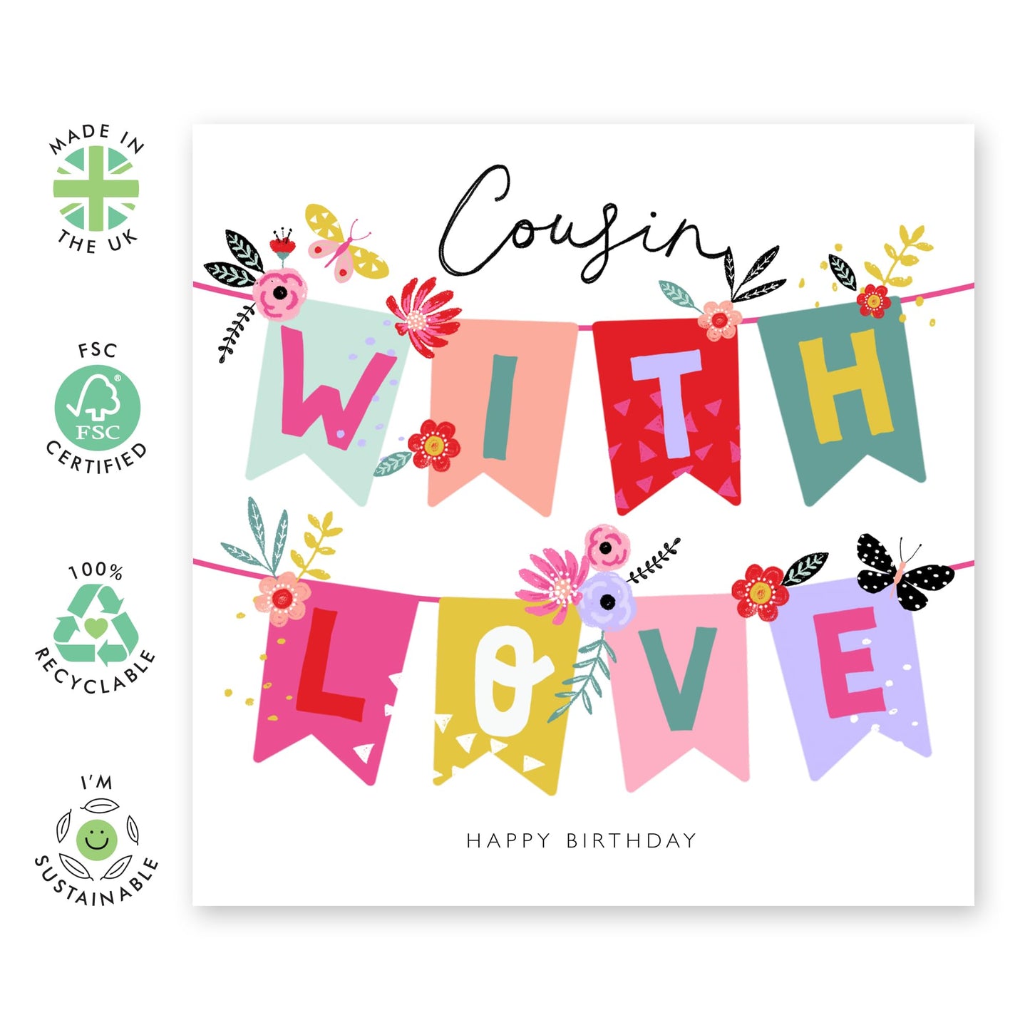 Happy Birthday Card For Cousins - With Love - Cousin Birthday Card For Her - Elegant Greeting Cards For Girls Ladies Female - Gift For Women - Comes With Fun Stickers - By Central 23