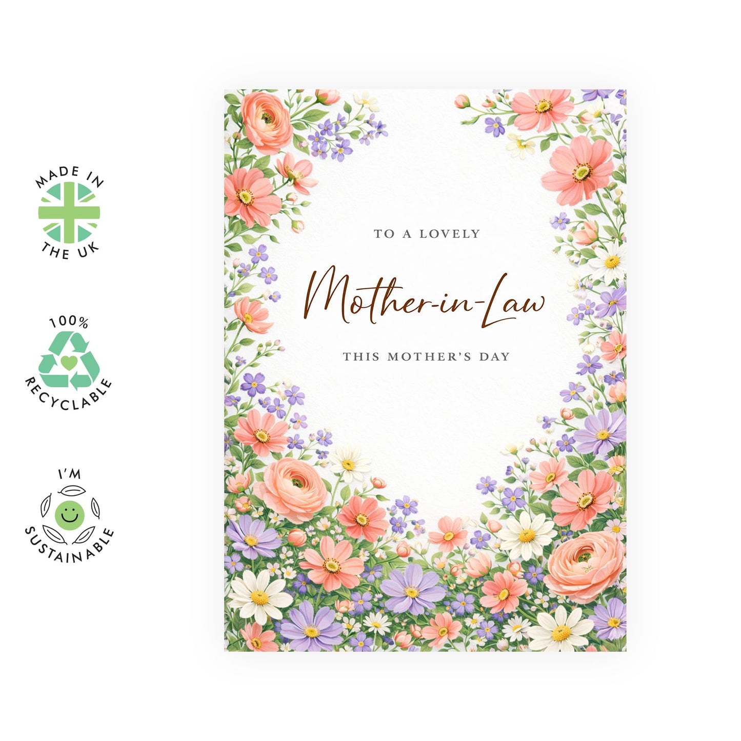 Mother's Day Card – Lovely Mother In Law Floral – Flower Greeting for Her Ladies Wife or Husband Mum Mama Mam From Son Daughter In Law Husband - Comes with Sweet Stickers