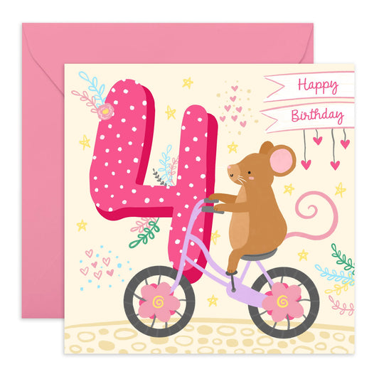 4th Birthday Card For Girls Boys - Happy Birthday Card For Daughter Age Four - Pink Hearts Mouse - Fourth Bday Gifts For Son Granddaughter - Comes With Cute Stickers - By Central 23