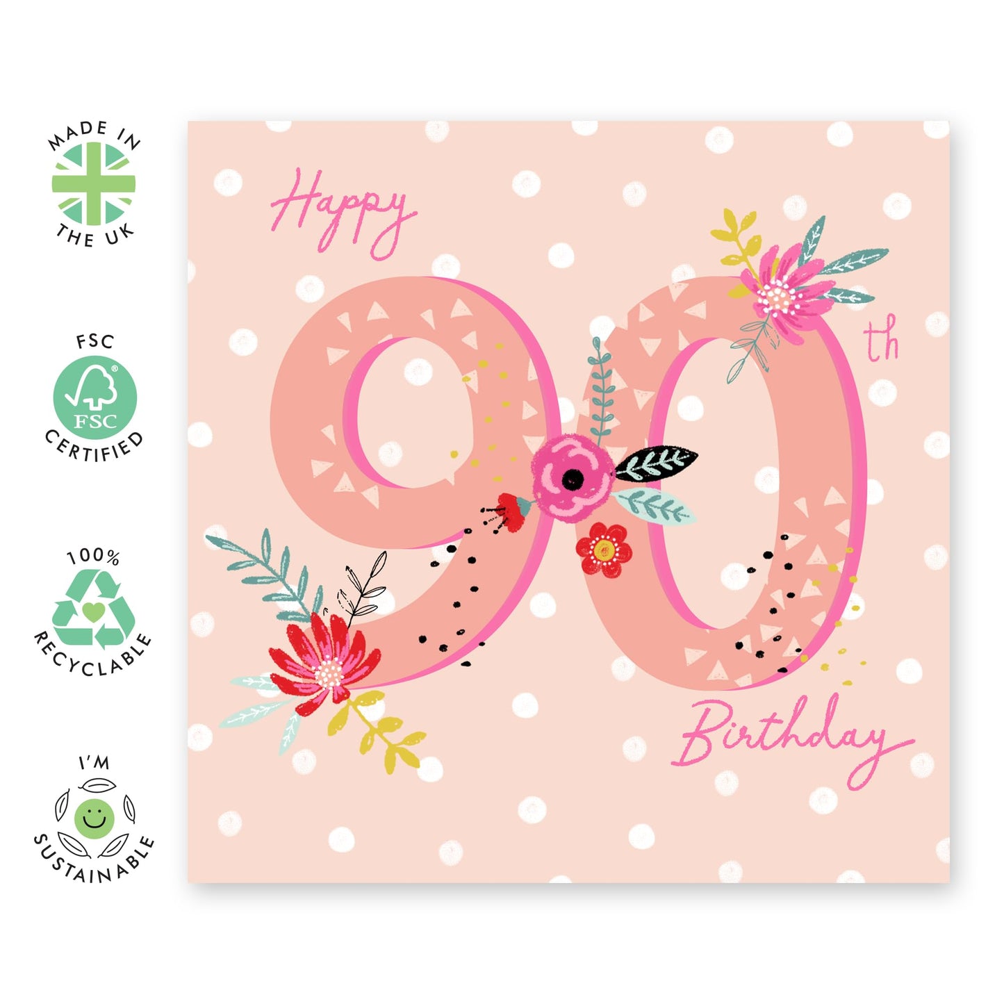 90th Birthday Cards Women - 90th Pink Floral Birthday - Wife Birthday Greeting Card - Floral Birthday Card - Ninetieth Birthday Cards Grandma Grandmother - Comes With Fun Stickers By Central 23