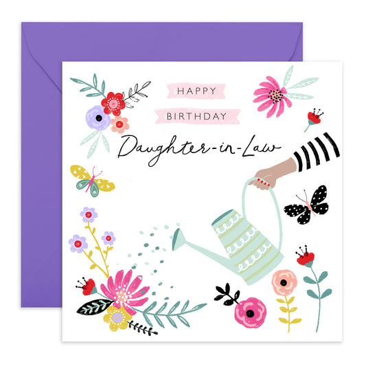 Happy Birthday Daughter-in-law Card - Flowers and Butterflies - Pretty Pink Greeting Cards For Women - Floral Gifts For Her Female - Comes With Cute Stickers - By Central 23