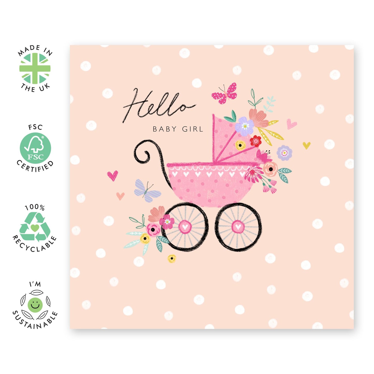 Newborn Baby Girl Card - Congratulations Card For New Mum And Dad - Hello Baby Girl - Pram - New Baby Card Gifts - Well Done Congrats - Comes With Stickers - By Central 23