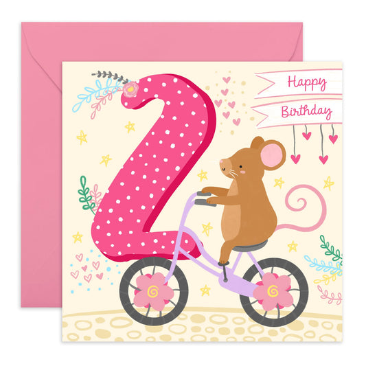 2nd Birthday Card For Girls - Happy Birthday Card For Daughter Age Two - Pink Hearts Mouse - Second Bday Gifts For Son Granddaughter - Comes With Cute Stickers - By Central 23
