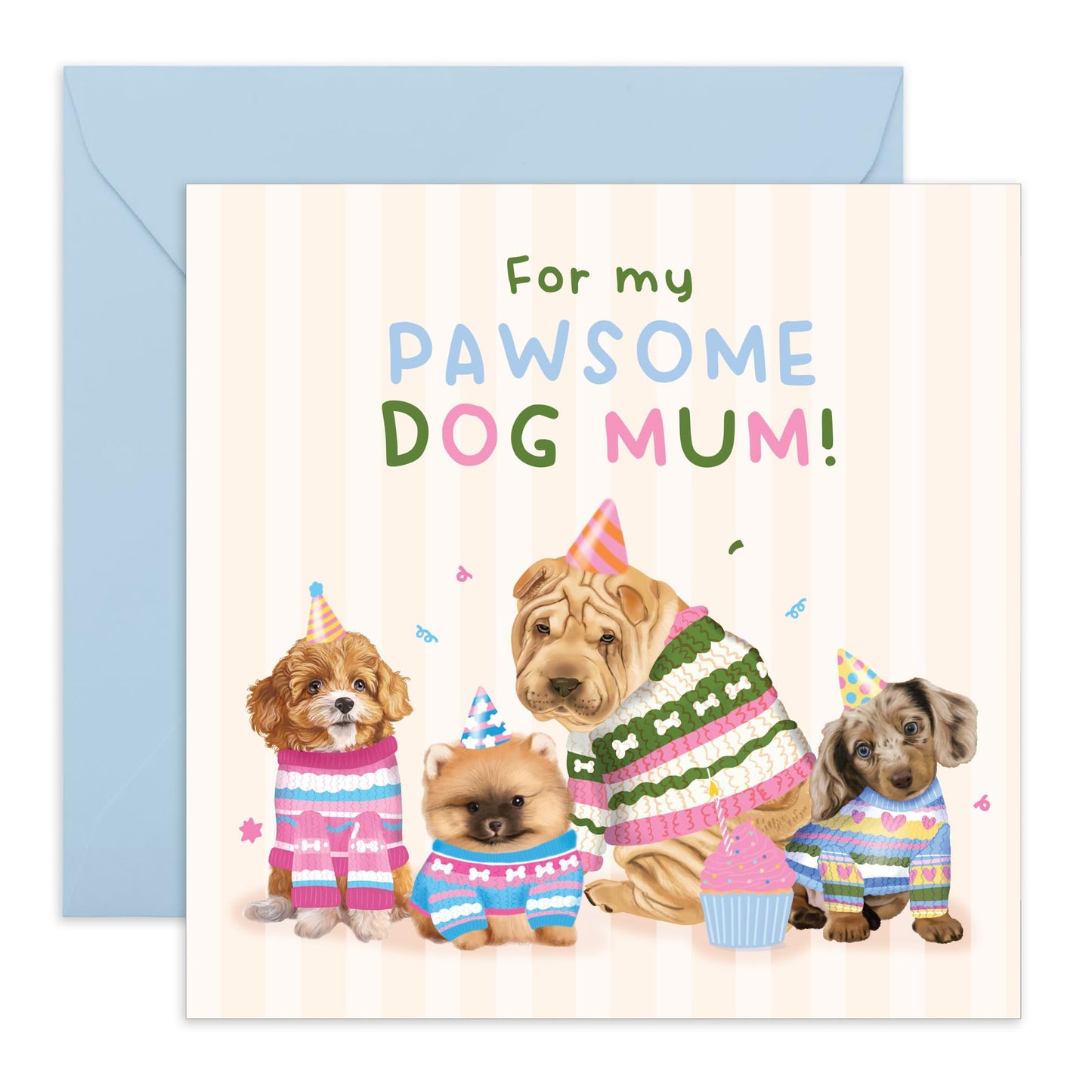 Adorable Dogs Birthday Card - 'Pawesome Mum' - Gifts for Fur Mums, Best Friend, BFF, Colleagues, Co-worker, Animal, Pet Lover - Bday Hats - Comes with Fun Stickers