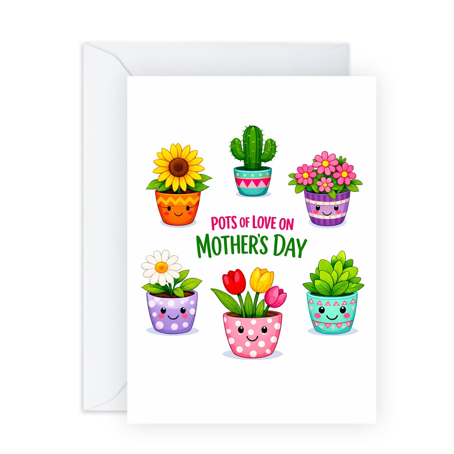 Flowers Mother’s Day Card – Cute Flower Pots Mum Mama Mummy Ma Wife Women Ladies Her From Son Daughter Kids Husband – Colourful Plant Lover Greeting - Comes with Sweet Stickers