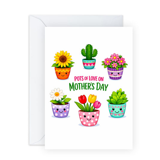 Flowers Mother’s Day Card – Cute Flower Pots Mum Mama Mummy Ma Wife Women Ladies Her From Son Daughter Kids Husband – Colourful Plant Lover Greeting - Comes with Sweet Stickers