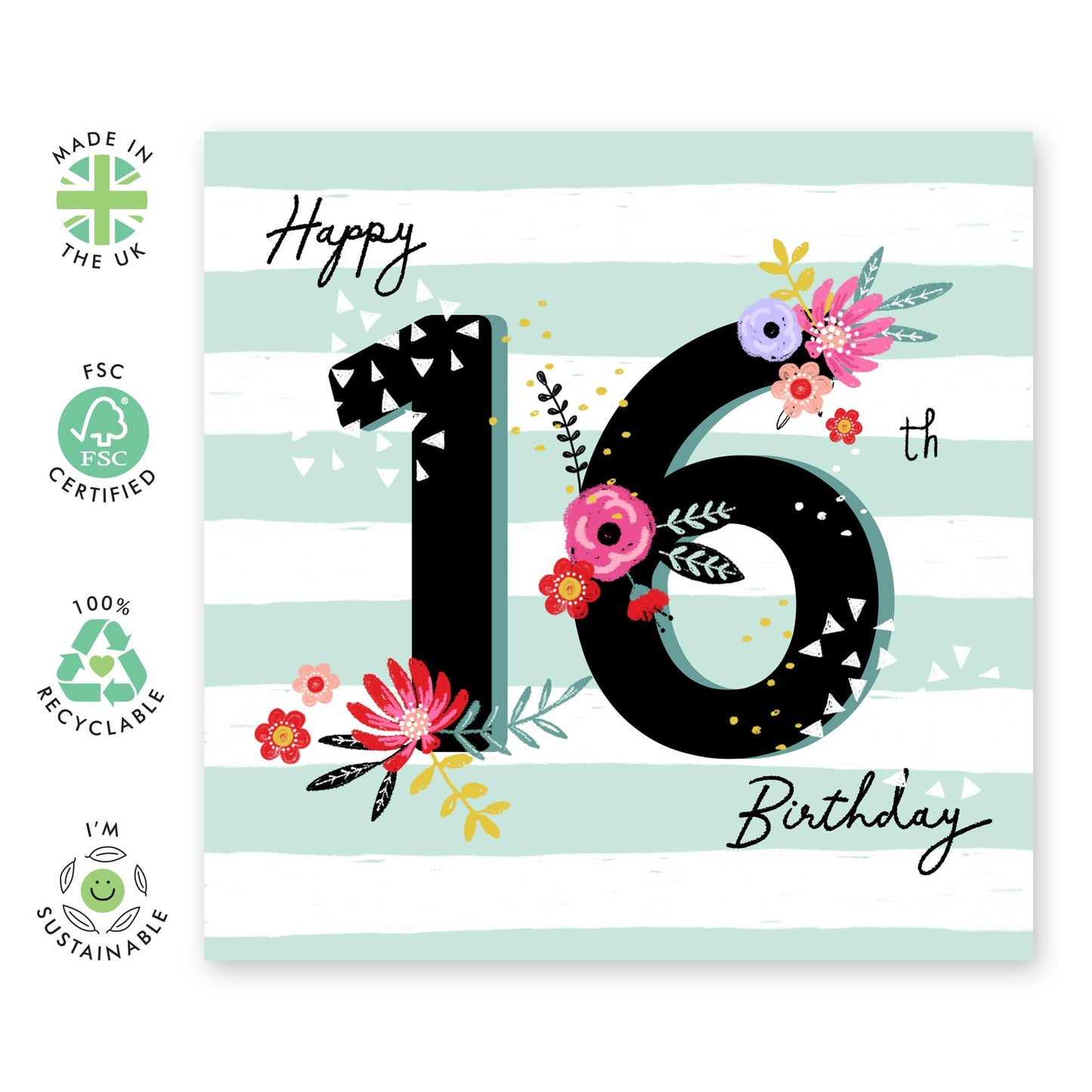 Sixteen Birthday Cards For Kids - Happy 16th Birthday - Happy Birthday Card For Daughter Granddaughter Niece - Floral Card Bday - Girl Birthday Card 16th Year Old - Comes With Stickers By Central 23