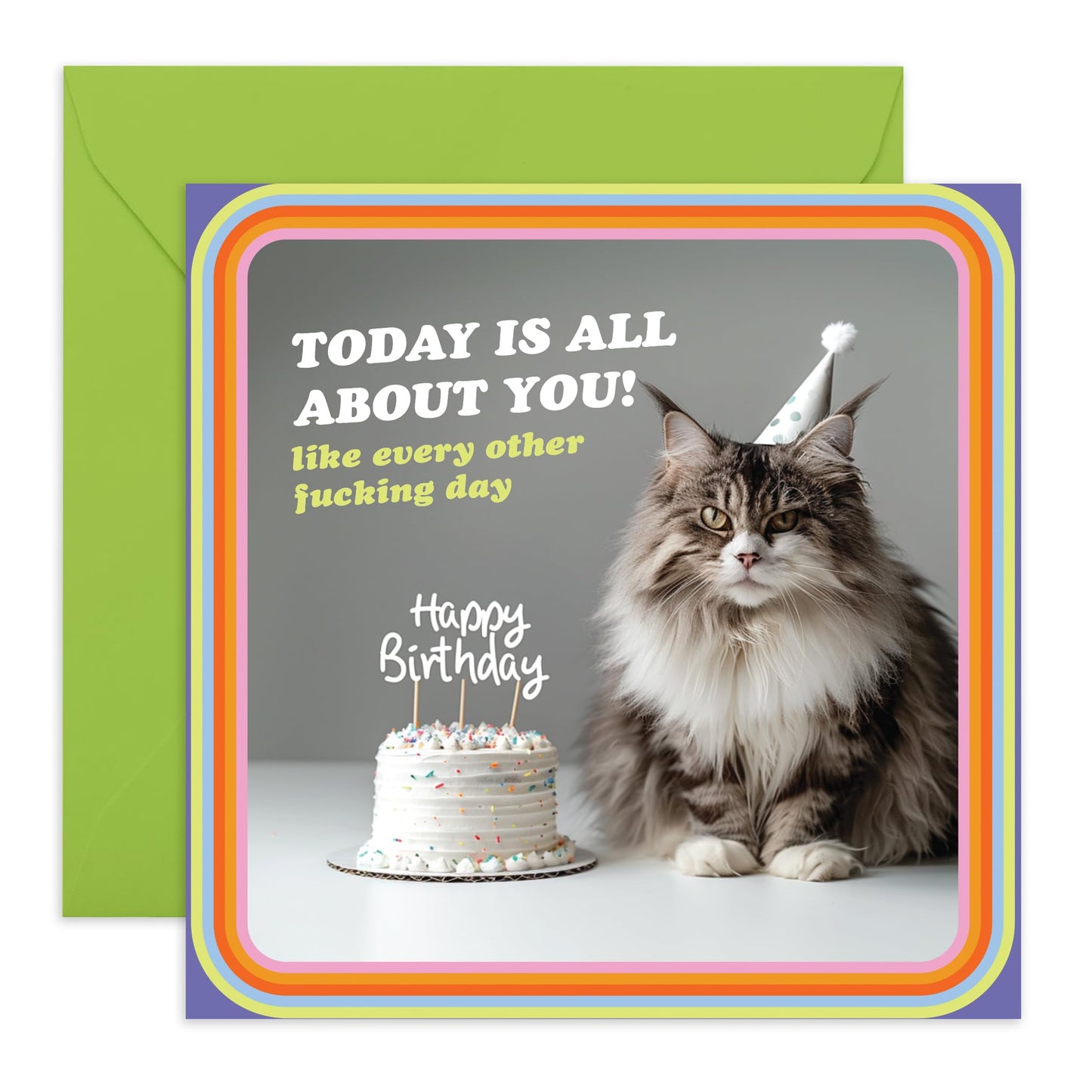 Cute and Funny Birthday Card - 'Today is All About You' - Perfect Card for Fur Parents, Cat lovers, Fur Mum, Best friends & BFF - Fluffy and Cute Cat Staring - Comes with Fun Stickers