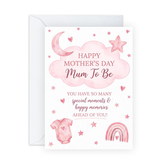 Mum To Be Mother’s Day Card – Pink Clouds – Cute Watercolour Keepsake Greeting for Wife Sister Daughter Friend Bestie BFF Her Ladies Women Pregnant - Comes with Sweet Stickers