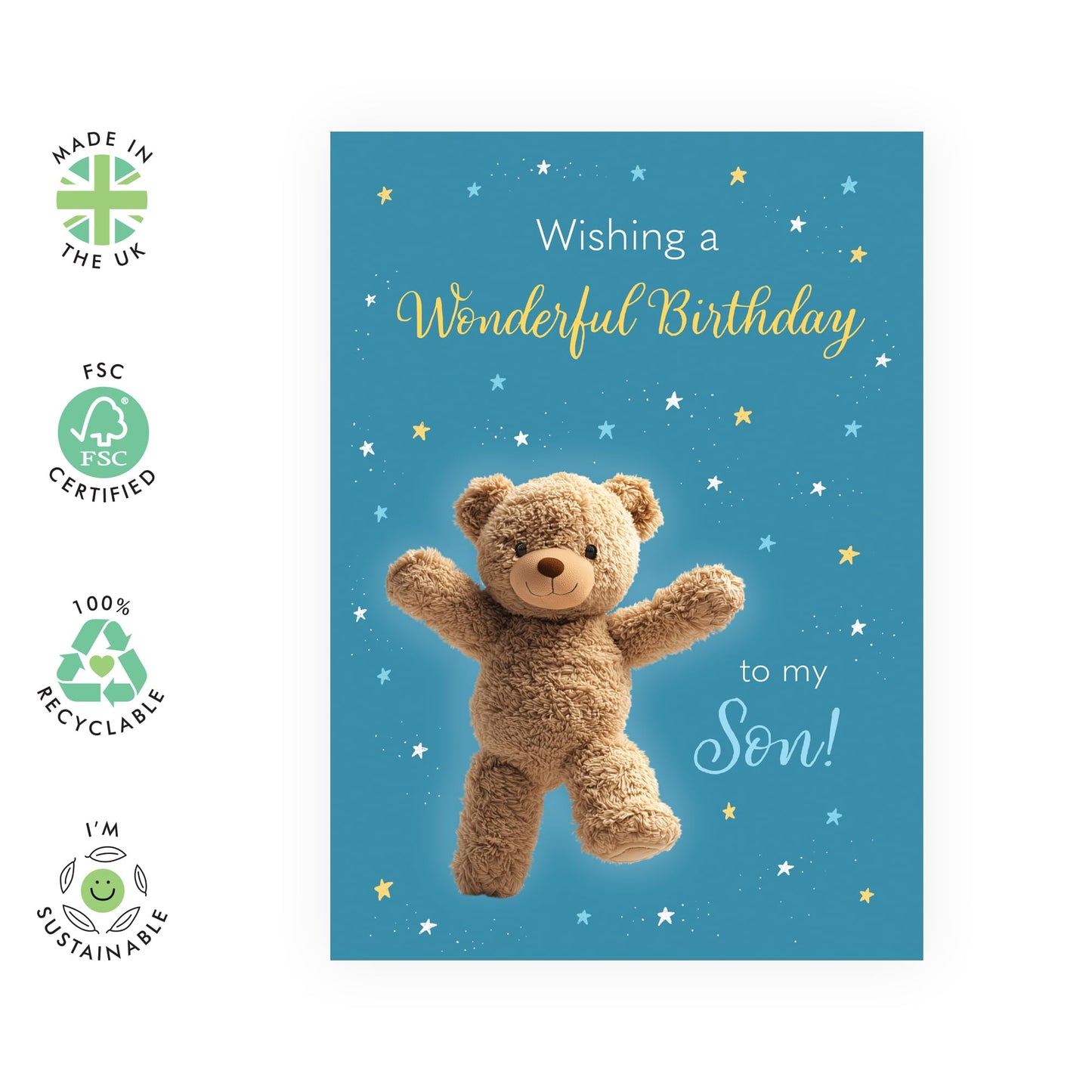 Birthday Card for My Son - 'Wonderful Birthday Bear Son' - Gifts for Boys, Children, Kids, Adults, Family From Mum & Dad - Bear Hugs - Comes with Fun Stickers