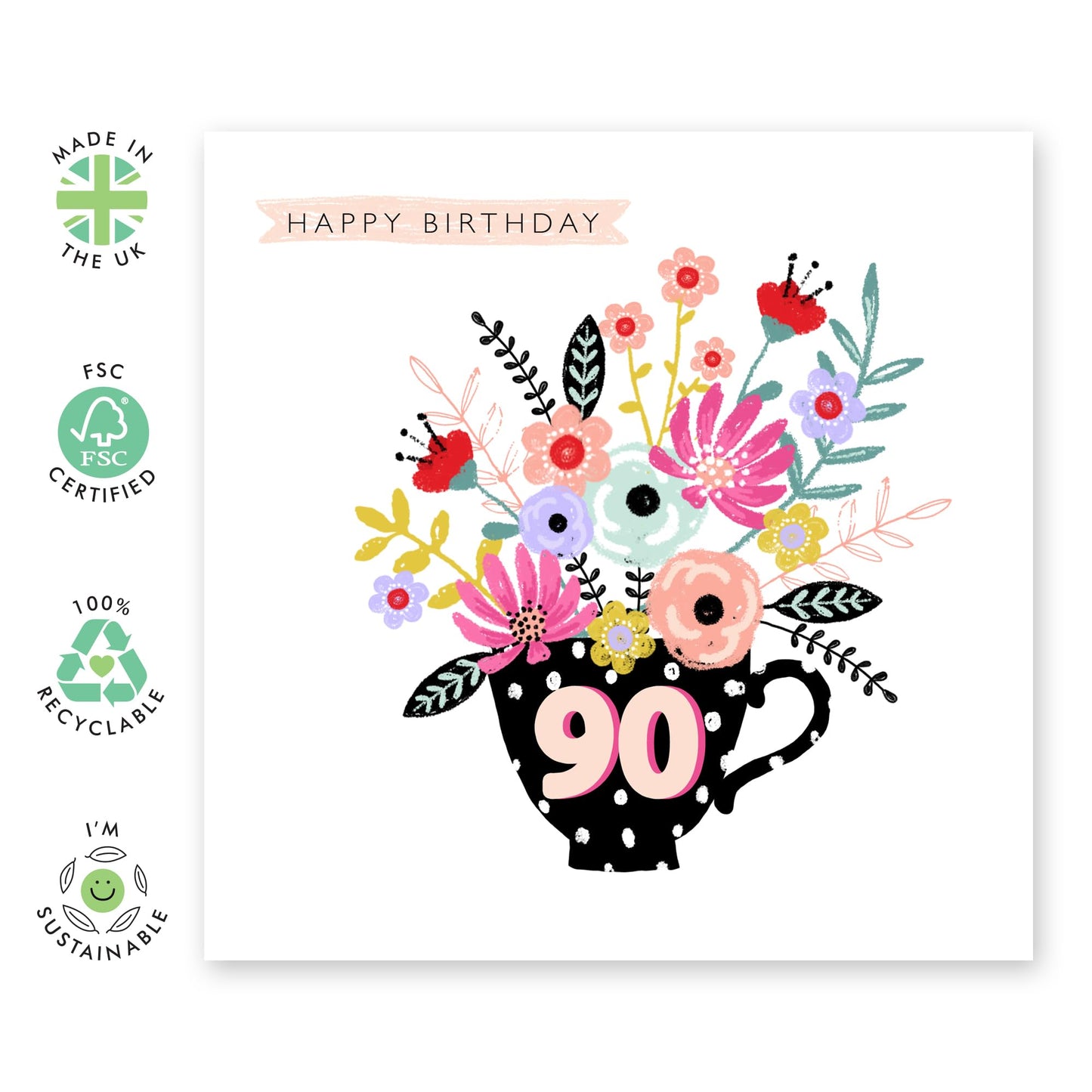 Happy 90th Birthday Card For Women - Ninety Year Old - Grandma Birthday Card - Elegant Birthday Cards For Her Ninetieth - Floral Gifts For Nan Wife Sister - Comes With Stickers By Central 23