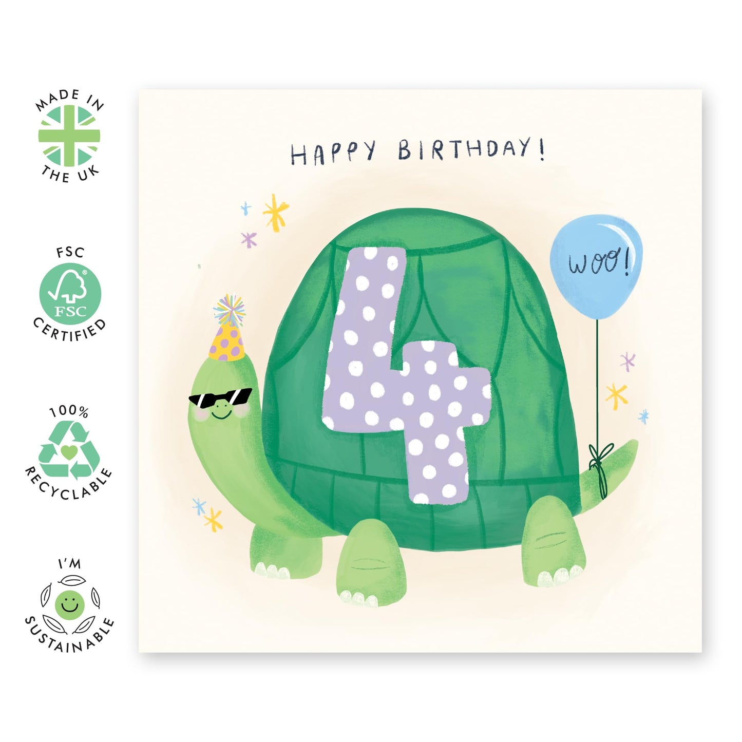 4th Birthday Card Boys Girls - Tortoise Birthday Age 4 - Baby Milestone Cards Age Four - Forth Birthday Cards - Greeting Cards - Gifts For Son Daughter Niece Nephew - Comes With Sticker By Central 23