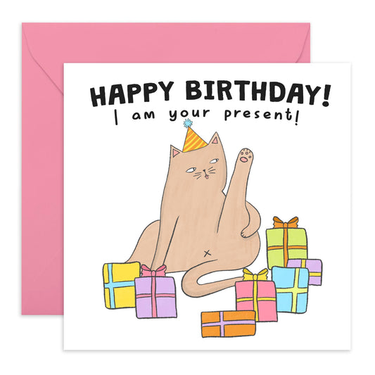 Birthday Card Him Her - Birthday I Am Your Present Cat - Funny Greeting Card Men Women - Birthday Gifts For Cat Lovers - Birthday Card For Friends Pet Owners - Comes With Fun Stickers By Central 23