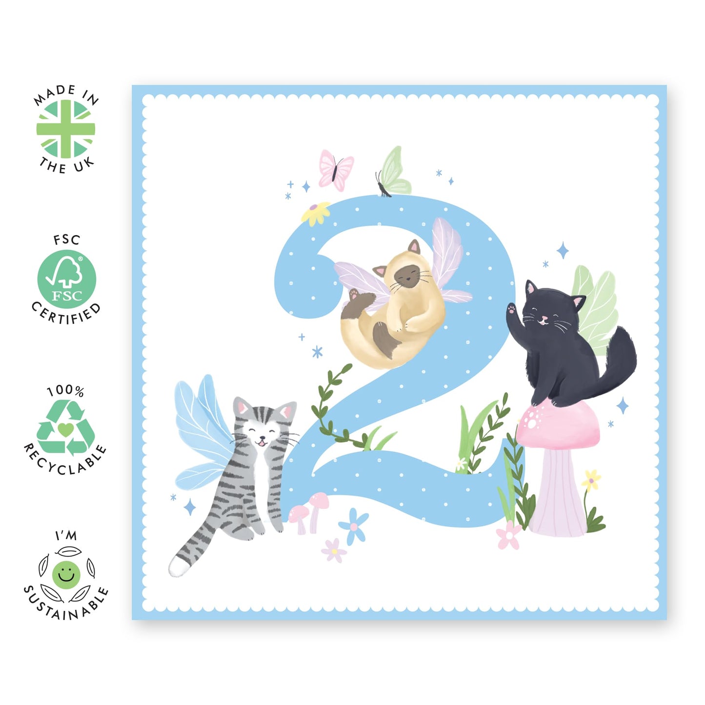 2 Year Old Birthday Card Girl - Fairy Cat 2 Years - Happy 2nd Birthday Card For Kids - Baby Milestone Age Two - Gifts For Daughter Niece Granddaughter - Comes With Fun Stickers - By Central 23