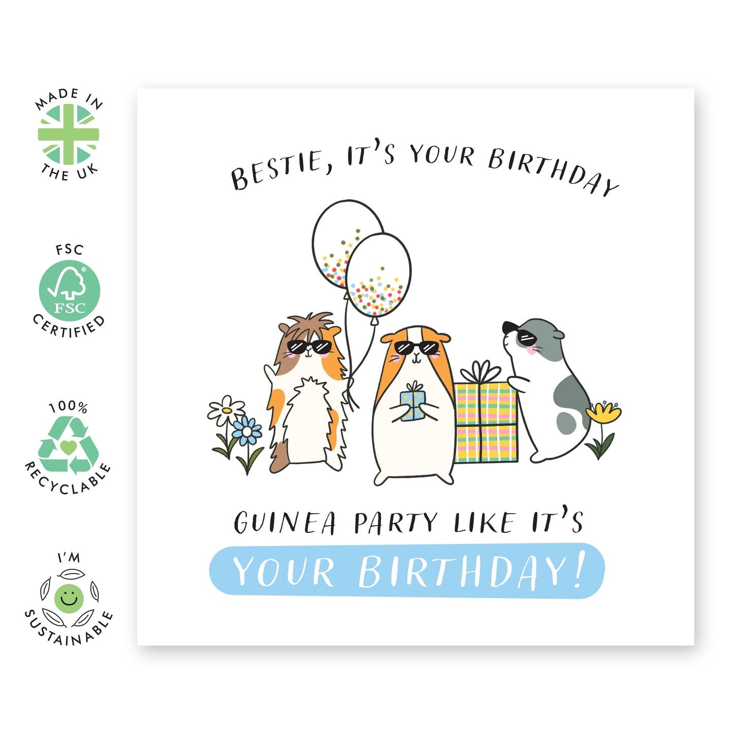 Hilarious Birthday Card for Best Friend - Funny Guinea Pig Party Design for Bestie, Animal Lover, Cute Friend Birthday Card with Balloons and Gifts - Presents for Her, Him, or Them