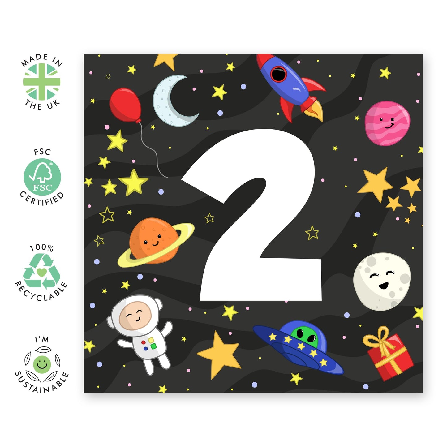 2nd Birthday Card Boys Girls - 2 Space - Baby Milestone Cards Age Two - Second Birthday Cards - Space - Gifts For Son Daughter Niece Nephew - From Mum Dad - Comes With Sticker By Central 23