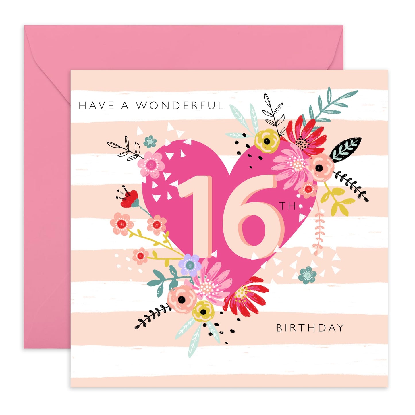 Sixteen Birthday Cards For Kids - Wonderful 16th Birthday - Girl Birthday Card 16th Year Old - Floral Card - Happy Birthday Card For Daughter Granddaughter Niece - Comes With Stickers By Central 23