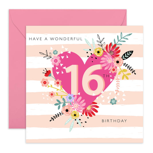 Sixteen Birthday Cards For Kids - Wonderful 16th Birthday - Girl Birthday Card 16th Year Old - Floral Card - Happy Birthday Card For Daughter Granddaughter Niece - Comes With Stickers By Central 23
