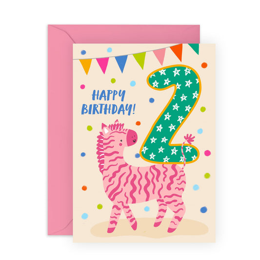 Happy 2nd Birthday Cards For Girls Boys - Party Zebra Two Year Old - Second Birthday Cards For Kids Baby Toddlers - Gifts For Son Daughter Godson Granddaughter - Comes With Stickers By Central 23