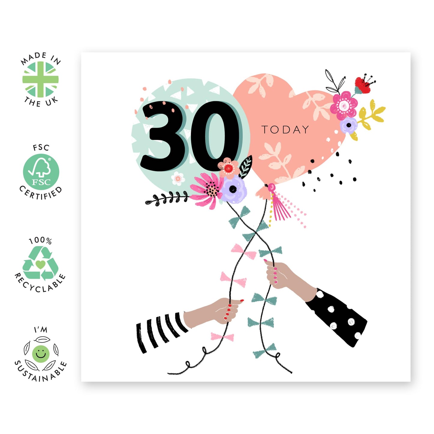 30th Birthday Card For Women - 30 Birthday Balloons - Wife Mum Mummy - Sister - Birthday Card - Bday Card - Happy Thirtieth Birthday Greeting Card Female Friends - Comes With Stickers By Central 23