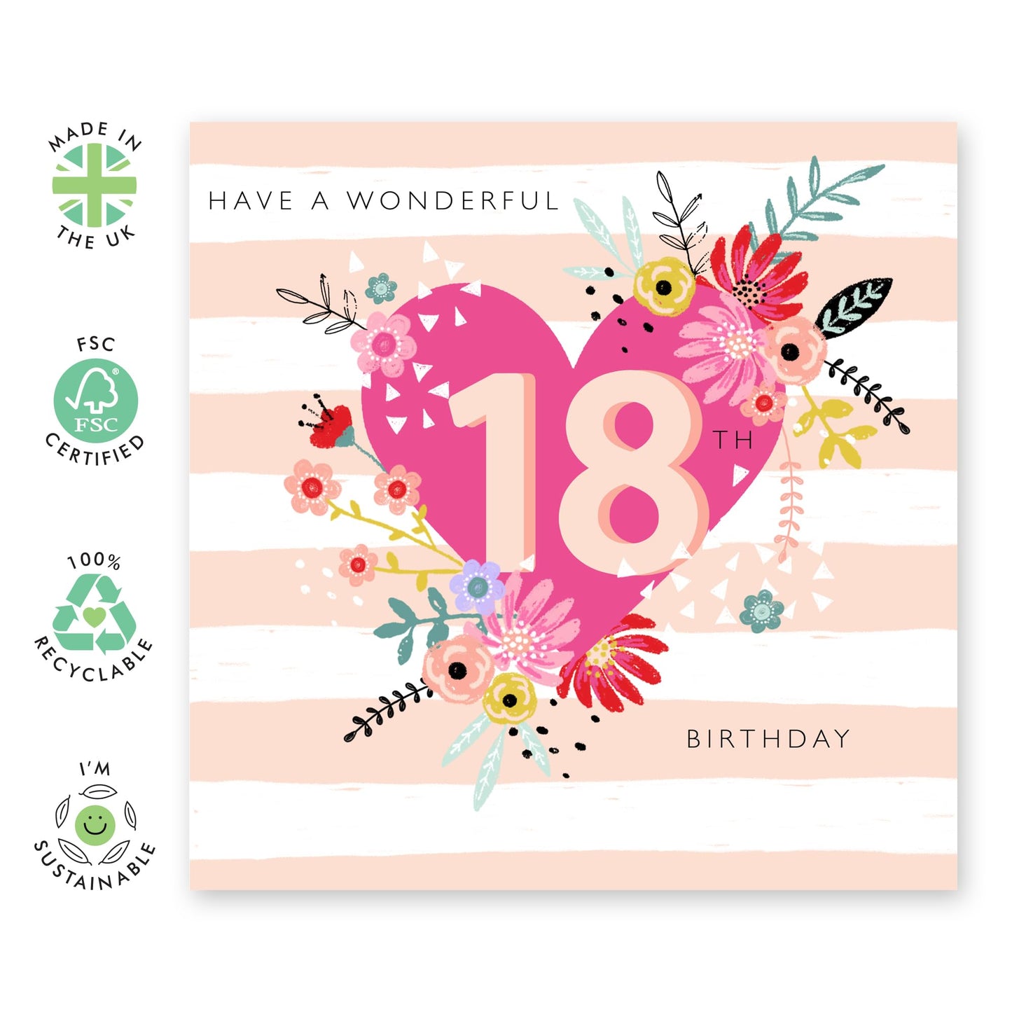 18th Birthday Card - Wonderful 18th Heart - Happy Eighteenth Birthday Cards - 18 Year Old Gifts For Best Friend Women Him Her - Floral Bday Card - From Mum Dad - Comes With Stickers By Central 23
