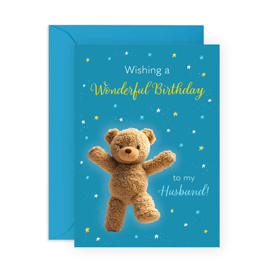 Birthday Card for Him - 'Wonderful Birthday Bear Husband' - Gifts for Men, Spouse, Other Half, Babe - Bear Hugs - Comes with Fun Stickers