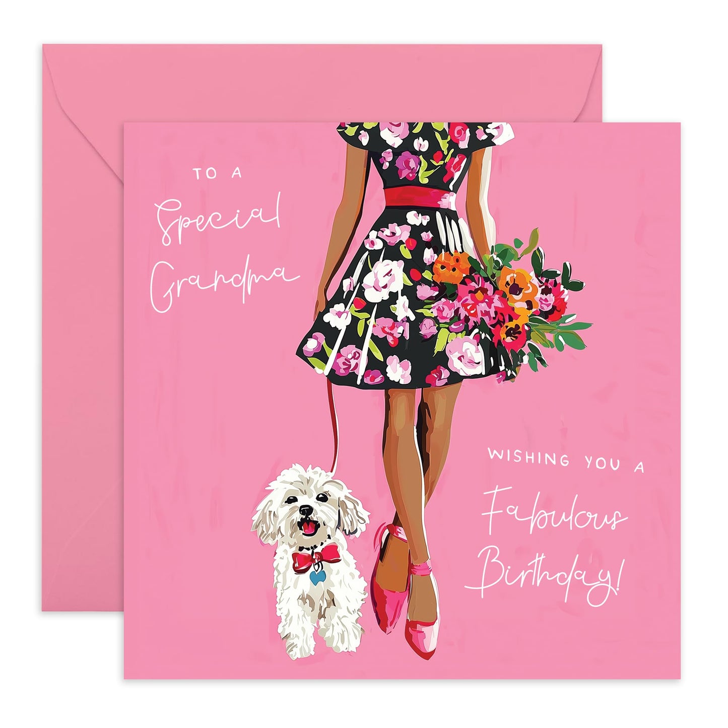 Ladies Birthday Card - "Grandma Dog" - Presents for Her, Women, Nana, Nanny, Nan, Family from Grandson or Granddaughter- Cute Summer Dress and Flowers - Comes with Fun Stickers