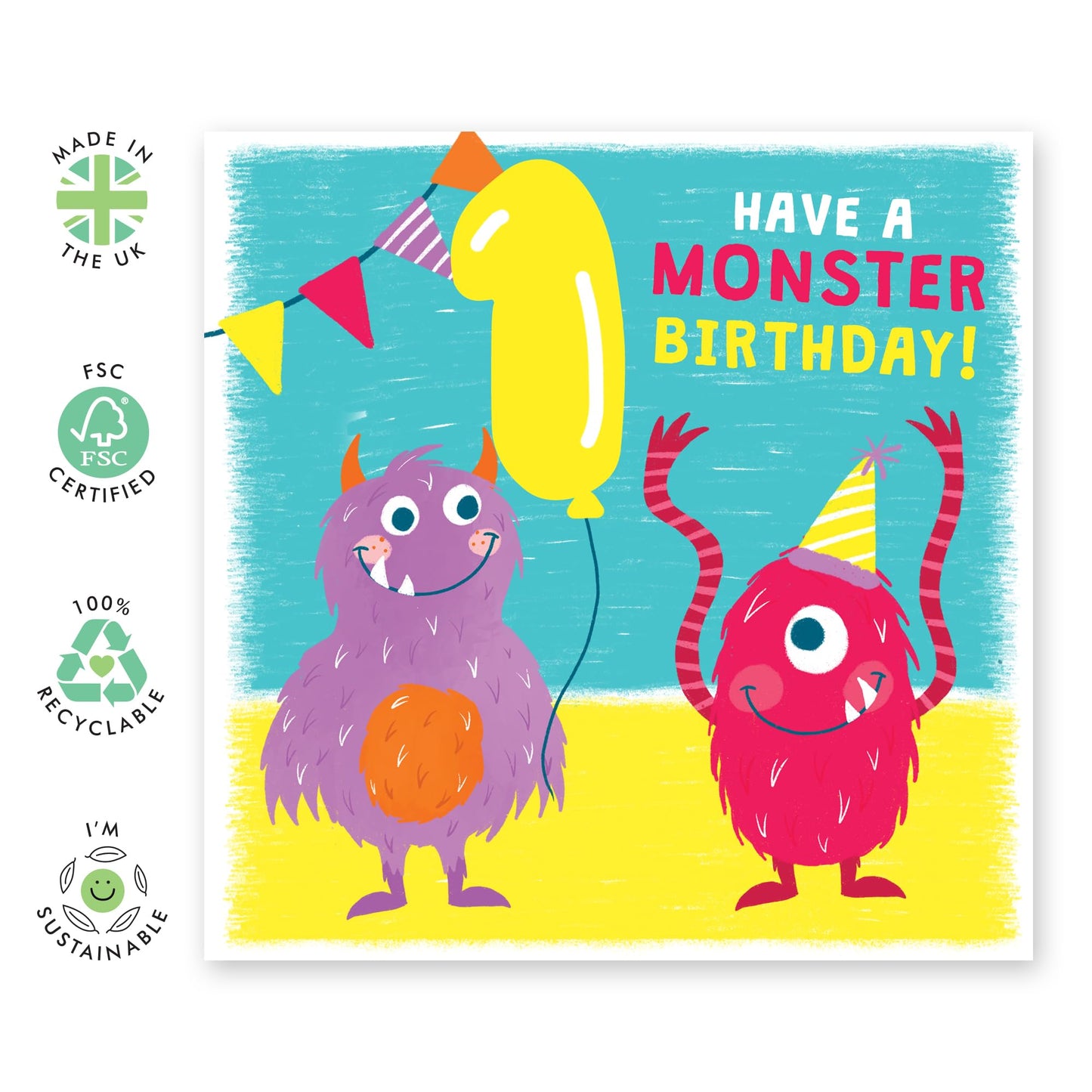 1 Year Old Birthday Card For Boy Girls - Party Monsters - Happy Birthday Card For Kids - First Bday Milestone Gifts For Son Daughter Nephew Niece Grandson - Age One - Comes With Stickers By Central 23