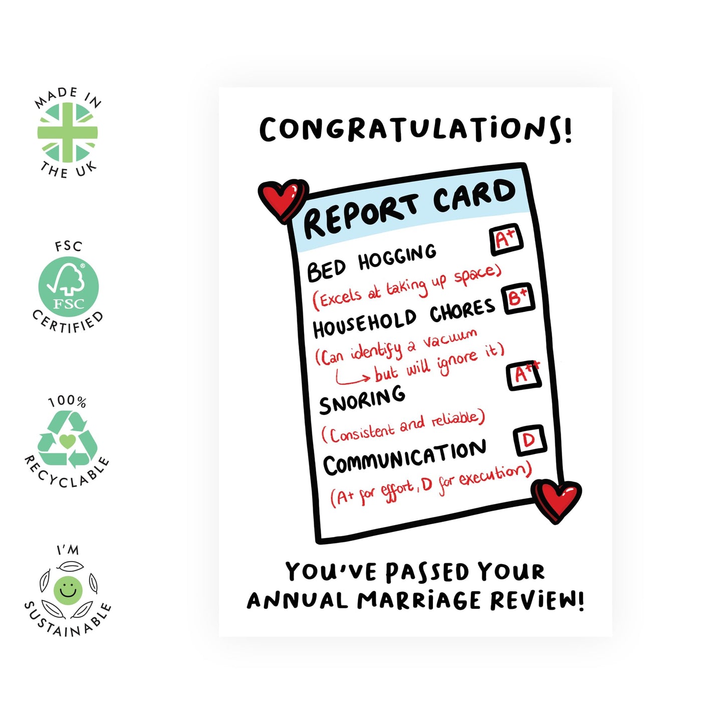 Greeting Card - 'ANNIVERSARY REPORT CARD' - Perfect for Celebrating Your Relationship with a Fun Twist - Ideal for Adding Humor and Appreciation to Your Special Day - Comes With Stickers By Central 23